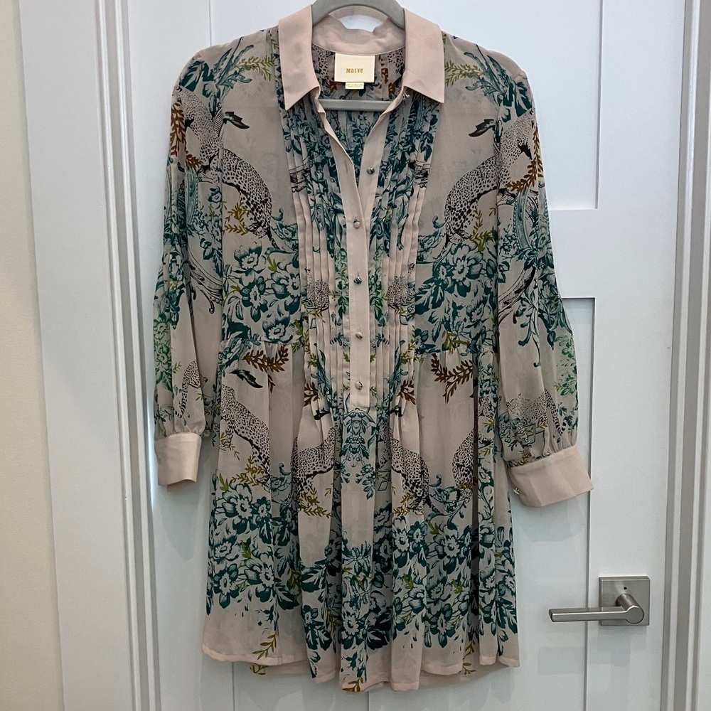 Anthropologie Floral & Leopard Print Long Sleeve Tunic in Blush and Teal